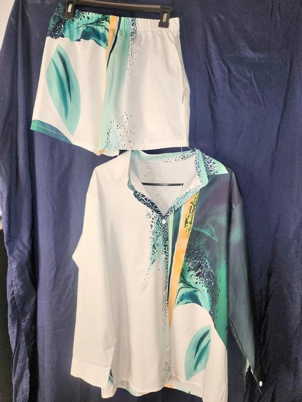 Abstract Print Button Down Short Set in White & Green